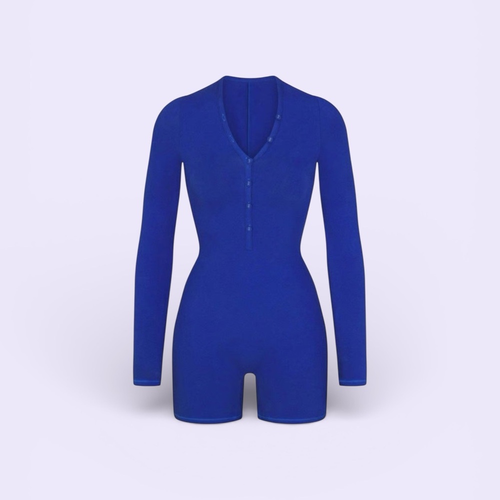 SKIMS Deep Blue Button-Up Romper Shorts